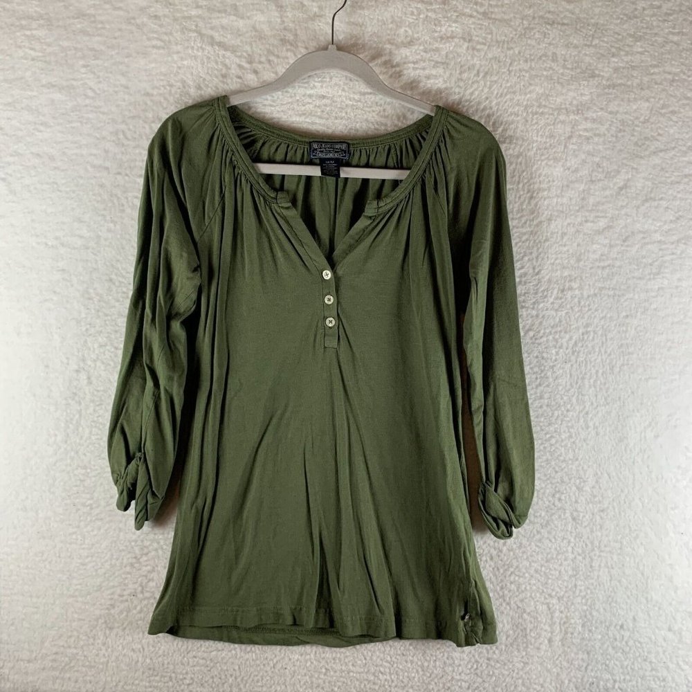 Polo Jeans‎ Company Blouse Women's Medium Green Cotton Pleated Henley Neck 7969